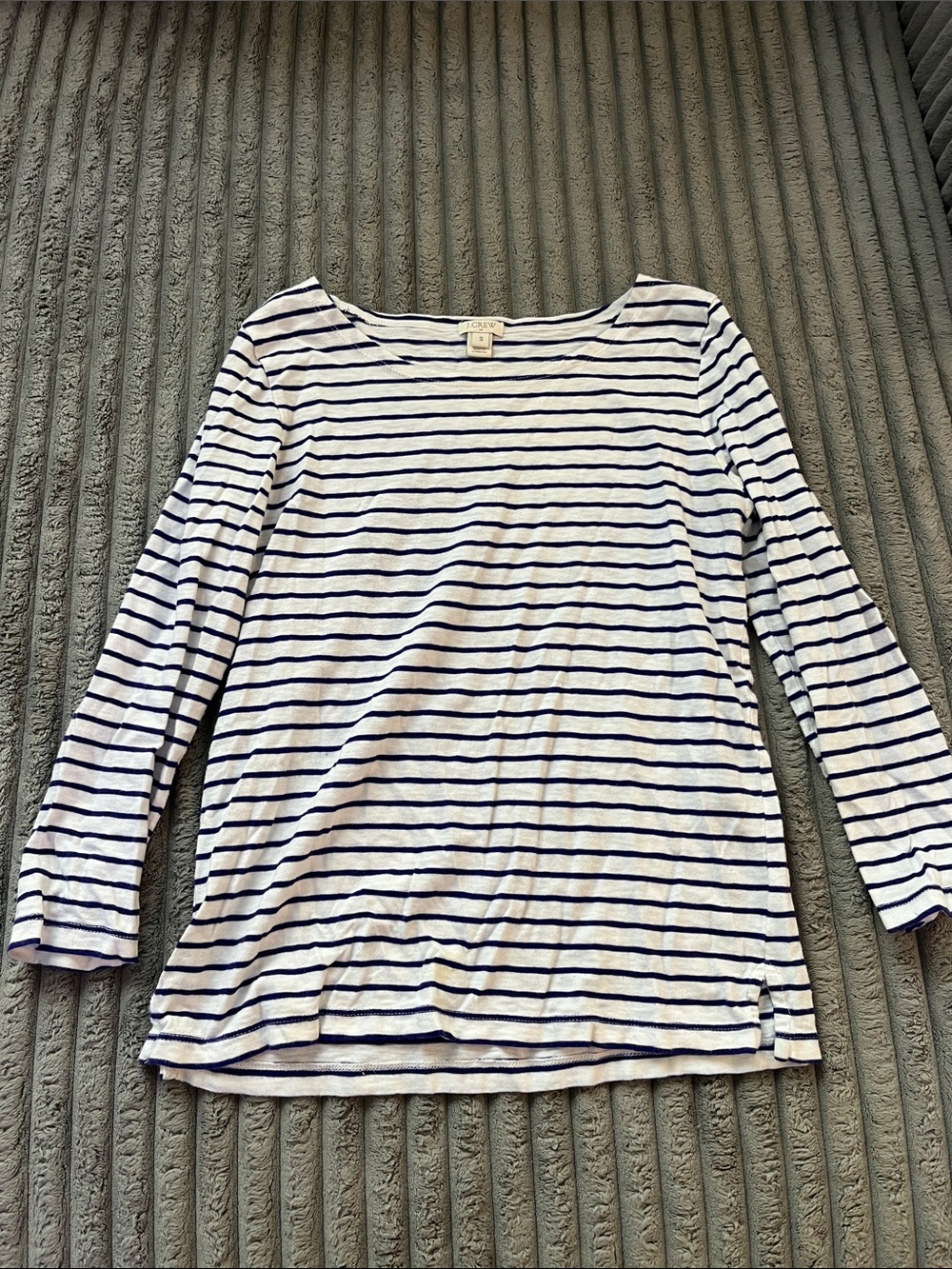 J. Crew Blue and Whote Striped Quarter-Sleeve Boatneck Top